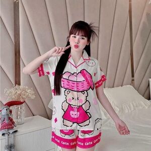Cute Cartoon Print Pajama Set - Pink and White